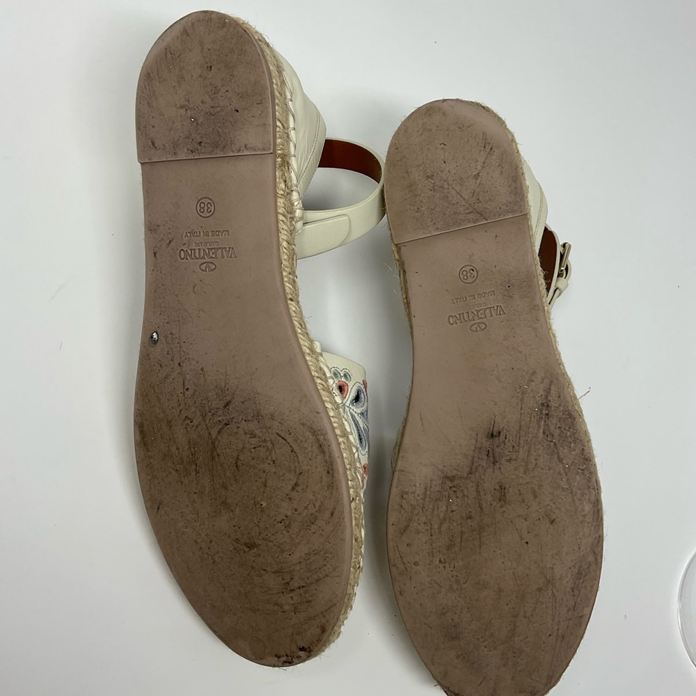 Valentino Cream Leather Floral Embroidered Ankle Strap Espadrille Flats - Picture 13 of 13